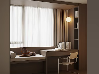 Modern Bay Window Interior With Cushion Slippers Desk Chair And Bookshelf Decorations 3d model