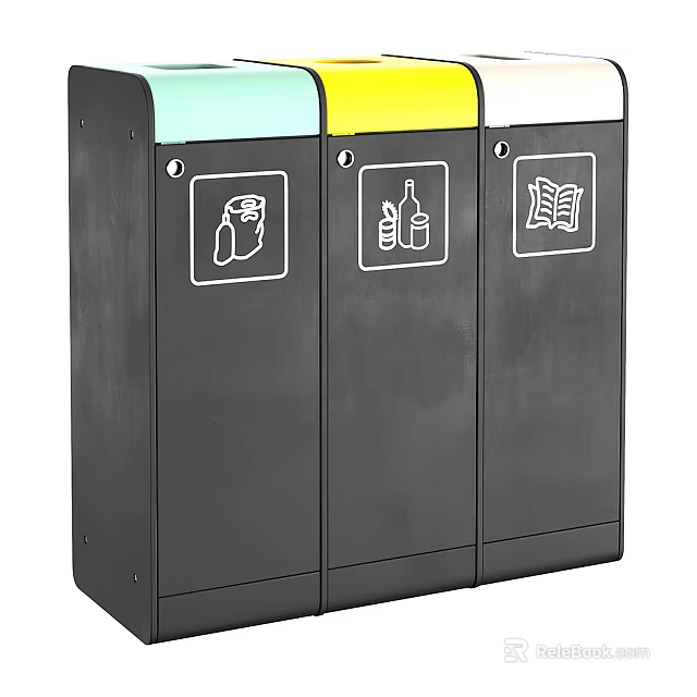 Public Facility Three Compartment Trash Bins With Recycling Symbols For Public Areas 3d model 