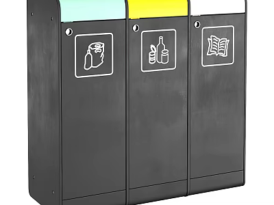 Public Facility Three Compartment Trash Bins With Recycling Symbols For Public Areas 3d model