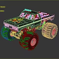 Black Monster Truck With Flame Graphics Large Off Road Tires And Roof Mounted Lights