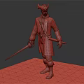 Male Human Character In Green Coat Black Hat Red Tie With Sword On Platform