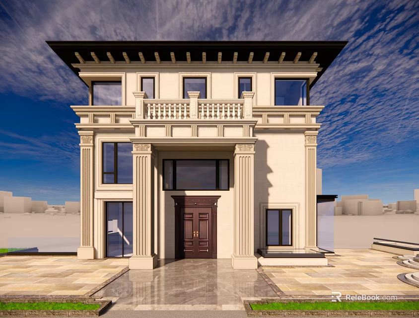 Classic Single Family Villa With Beige Exterior Dark Roof Porch Balcony And Marble Floor 3d model 