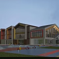 Modern School Building With Colorful Facade Large Glass Windows And Playground Area
