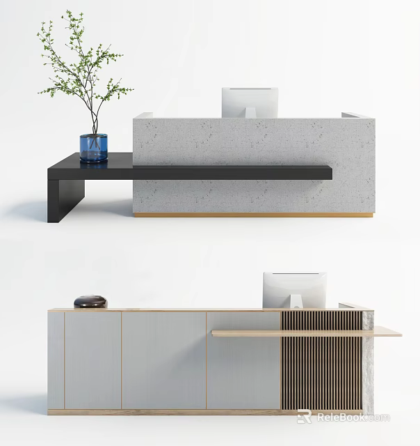 Modern Reception Desk With Gray Countertop Wooden Accents Green Plant And Computer Monitor 3d model 
