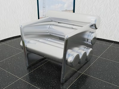 Silver Metallic Sofa In Room Featuring Black Speckled Floor White Textured Wall Window Sky View 3d model