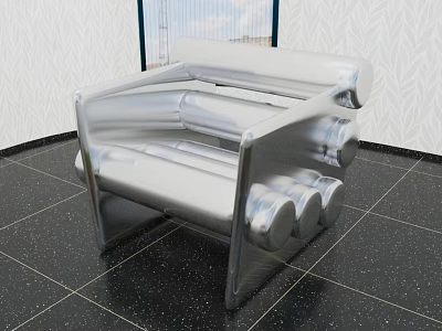 Silver Metallic Sofa In Room Featuring Black Speckled Floor White Textured Wall Window Sky View 3d model