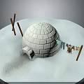 Traditional Igloo Structure Made Of Ice Blocks With Clothesline And Hanging Clothes On Snowy Ground