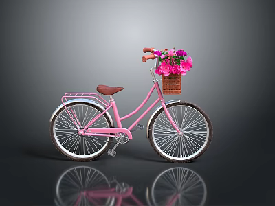 Vintage Pink Bicycle With Flower Basket Brown Seat And White Spokes 3d model