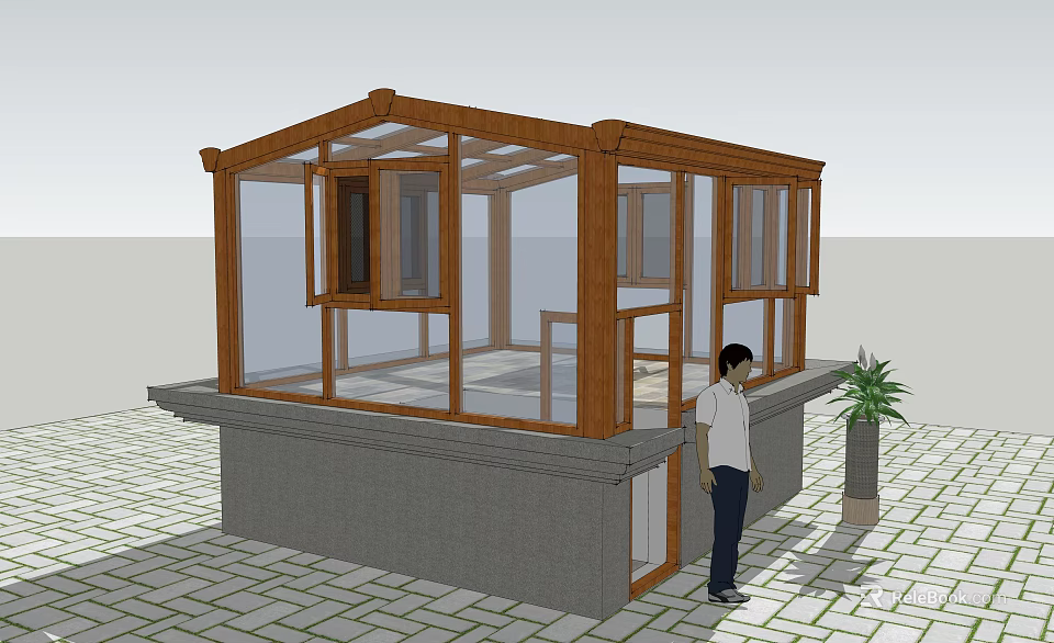 Wooden Frame Sunroom With Glass Walls Gray Base And Potted Plant 3d model 