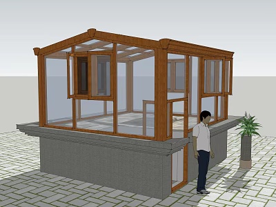 Wooden Frame Sunroom With Glass Walls Gray Base And Potted Plant 3d model