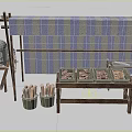 Traditional Wooden Market Stall With Striped Awning Display Shelves Bread Baskets And Oven