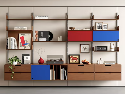 Modern Wooden Bookcase With Open Shelves Blue Red Cabinets Books And Decor 3d model