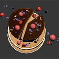 Layered Birthday Cake With Lit Candles Fresh Strawberries Blueberries Chocolate Sauce And A Slice Taken