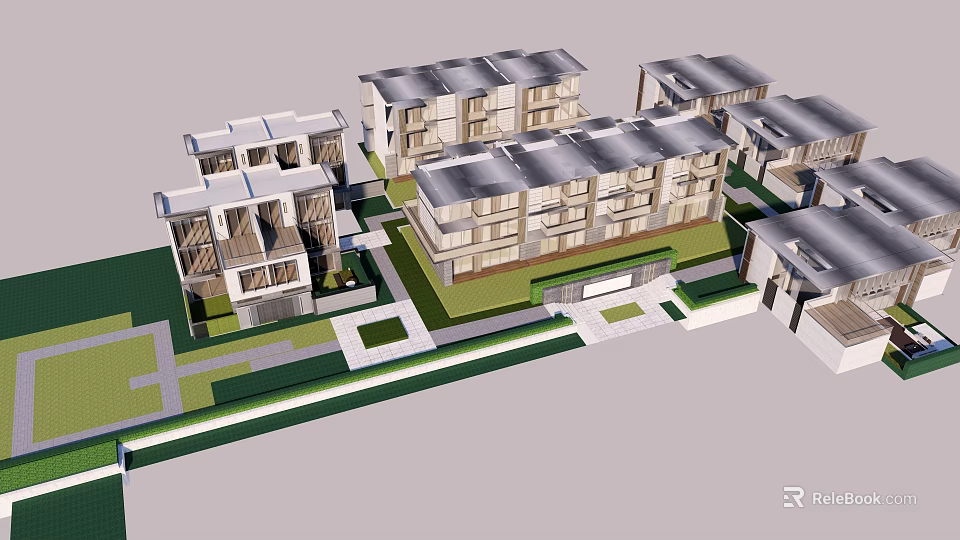 Modern Townhouse Complex With Gray Roofing And Landscaped Courtyard Layout 3d model 