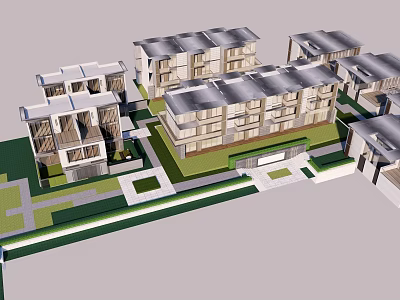 Modern Townhouse Complex With Gray Roofing And Landscaped Courtyard Layout 3d model
