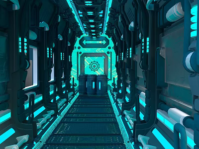 Futuristic SciFi Corridor Interior With Blue Neon Lighting And Metallic Structures 3d model