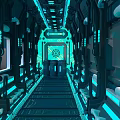 Futuristic SciFi Corridor Interior With Blue Neon Lighting And Metallic Structures