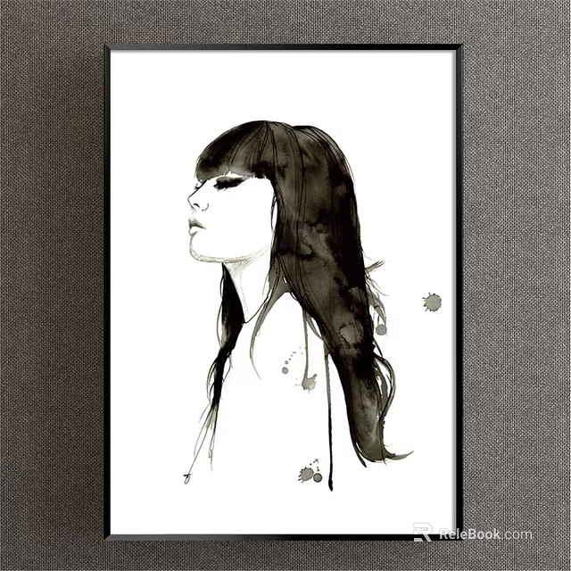 Ink Style Female Portrait Painting With Long Black Hair Side Profile And Splatter Marks 3d model 