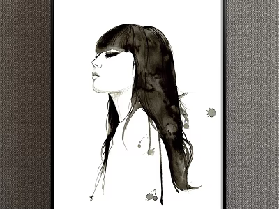 Ink Style Female Portrait Painting With Long Black Hair Side Profile And Splatter Marks 3d model