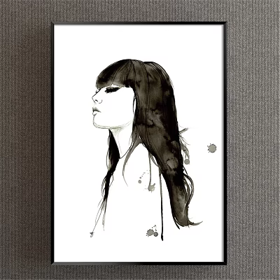 Ink Style Female Portrait Painting With Long Black Hair Side Profile And Splatter Marks 3d model