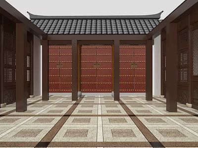 Traditional Chinese Ancient Architecture Interior With Red Doors Tile Roof And Patterned Floor 3d model