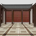 Traditional Chinese Ancient Architecture Interior With Red Doors Tile Roof And Patterned Floor