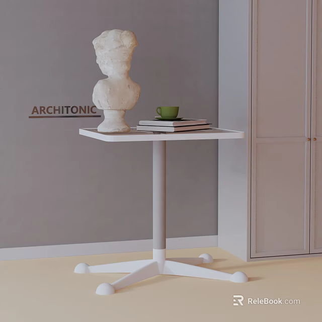 White Modern Side Table with Sculpture Green Cup and Stacked Books in Room with Gray Wall 3d model 