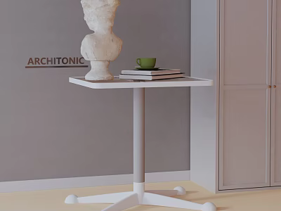 White Modern Side Table with Sculpture Green Cup and Stacked Books in Room with Gray Wall 3d model