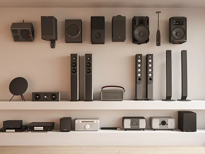 Various Home Audio Speakers Wall Mounted And Shelf Displayed Equipment 3d model