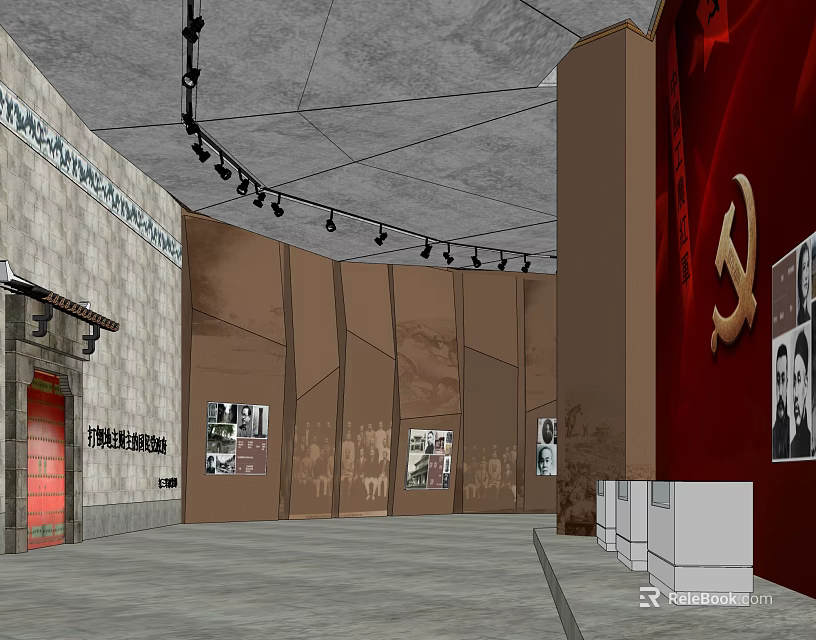 Memorial Hall Interior With Red Wall Hammer Sickle Symbol And Black White 3d model 
