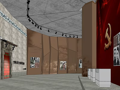 Memorial Hall Interior With Red Wall Hammer Sickle Symbol And Black White 3d model