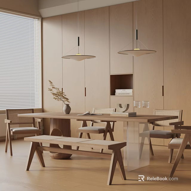 Modern Wooden Dining Table Set With Chairs Bench Pendant Lights Potted Plant And Storage Cabinets 3d model 