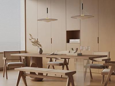Modern Wooden Dining Table Set With Chairs Bench Pendant Lights Potted Plant And Storage Cabinets 3d model