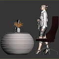 White Ribbed Circular Reception Desk With Computer Monitor Vase And Dark Chair