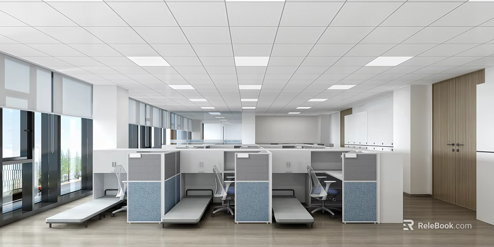 Spacious Public Office Area With Cubicles Workstations Desks Chairs And Ceiling Lights 3d model