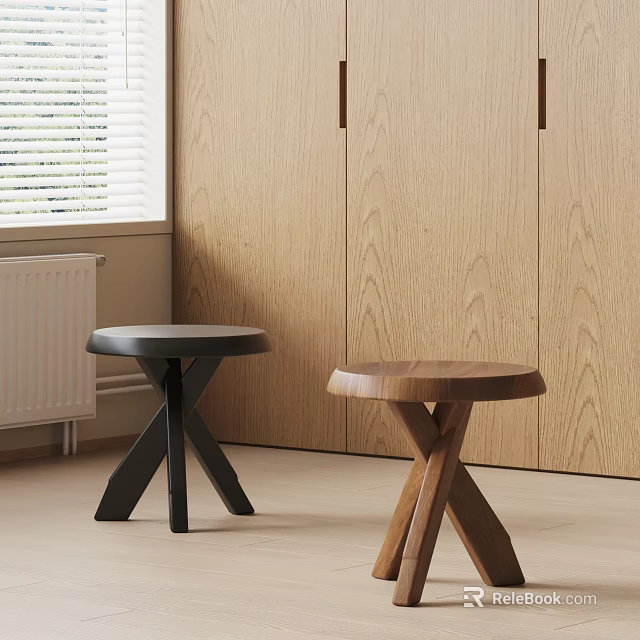 Contemporary Stools With Cross Leg Base Round Seat Black Brown Wooden Finish For Modern Interior 3d model 