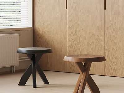 Contemporary Stools With Cross Leg Base Round Seat Black Brown Wooden Finish For Modern Interior 3d model