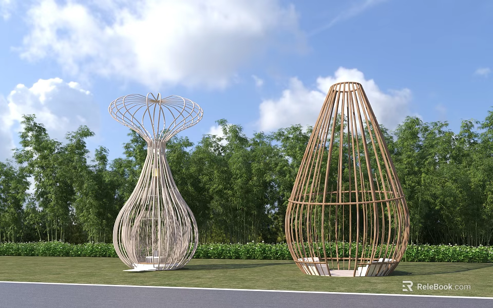Large Wooden Latticed Installations With Vase And Teardrop Shapes Against Green Trees 3d model 