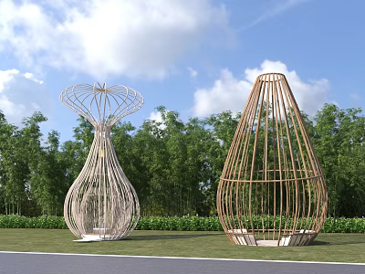 Large Wooden Latticed Installations With Vase And Teardrop Shapes Against Green Trees 3d model