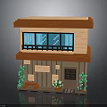 Two Story Brick Building Model with Brown Roof Beige Walls Green Plants Door and Windows