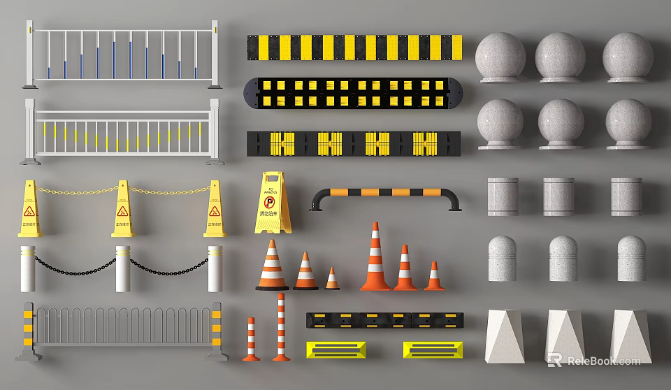 Essential Road Traffic Safety Facilities Including Guardrails Traffic Cones Bollards Warning Barriers And Speed Bumps 3d model 