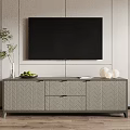 Grey Herringbone TV Stand With Green Plant Fruit Bowl White Spherical Decor And Book