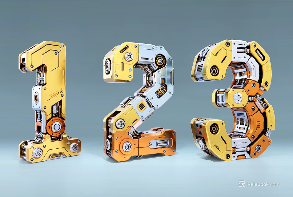 3D Mechanical Numbers 1 2 3 With Gears Bolts And Metallic Texture 3d model 