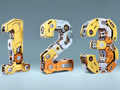3D Mechanical Numbers 1 2 3 With Gears Bolts And Metallic Texture 3d model