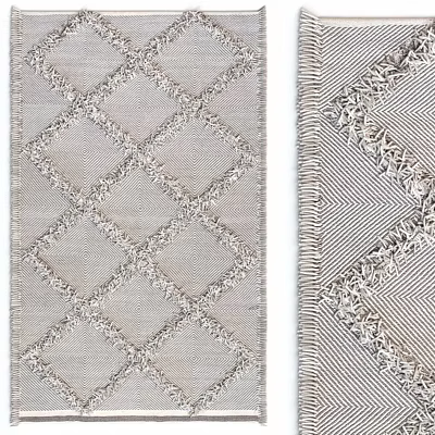 Square Rug With Geometric Diamond Pattern Fringed Edge Detail And Neutral Tone Design 3d model