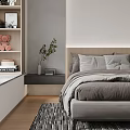 Modern Bedroom Interior Design with Neutral Wall Gray Bedding White Cabinets and Patterned Rug 3d model