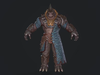 3D Fantasy Creature Character With Spiked Head Golden Ornament Blue Brown Scaly Armor And Claws 3d model