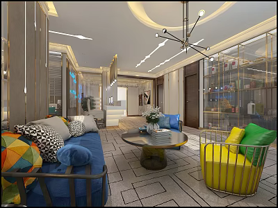 Beauty Hair Salon Modern Reception Area With Colorful Cushioned Sofas And Chandelier 3d model