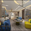Beauty Hair Salon Modern Reception Area With Colorful Cushioned Sofas And Chandelier
