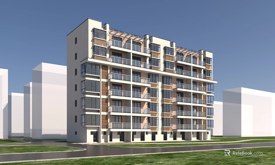 Modern Residential Building With Balconies Light Exterior Wooden Accents And Green Area 3d model 